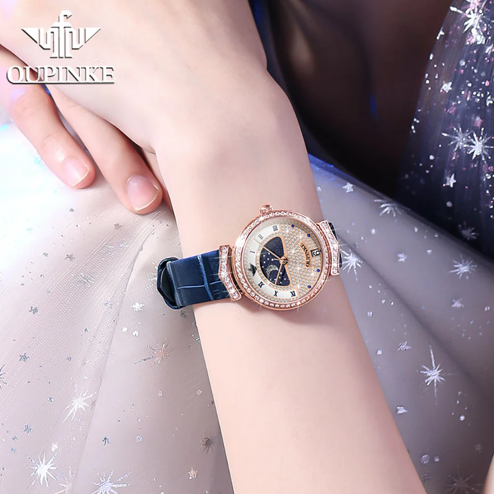 OUPINKE 3216 Woman Watch Waterproof Roman Scale Moon Phase Quartz Watch For Women Luxury Original Diamond Date Ladies Hand Clock