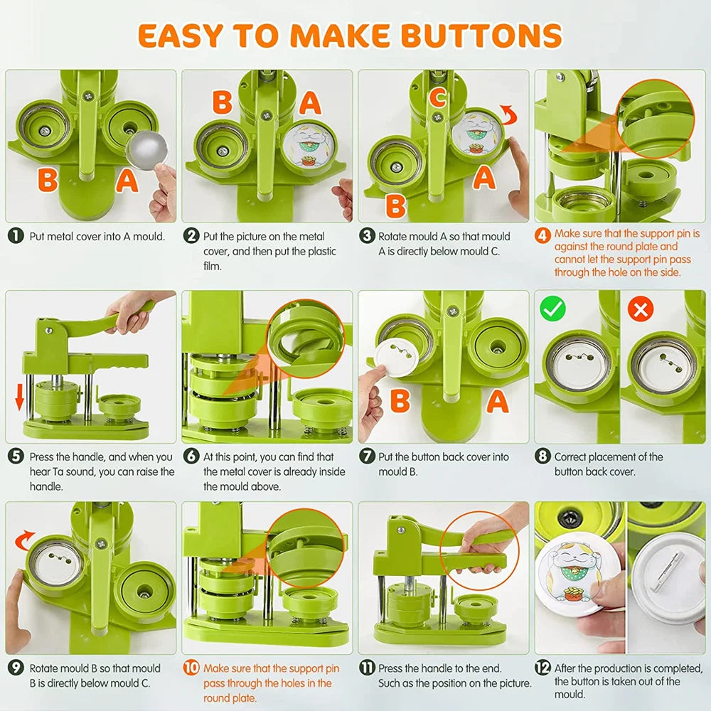 Badge Pin Button Maker Machine DIY 25/32/37/44/58MM Badges Set with 100Pcs Button Parts+Circle Cutter, Badge Press Maker Machine
