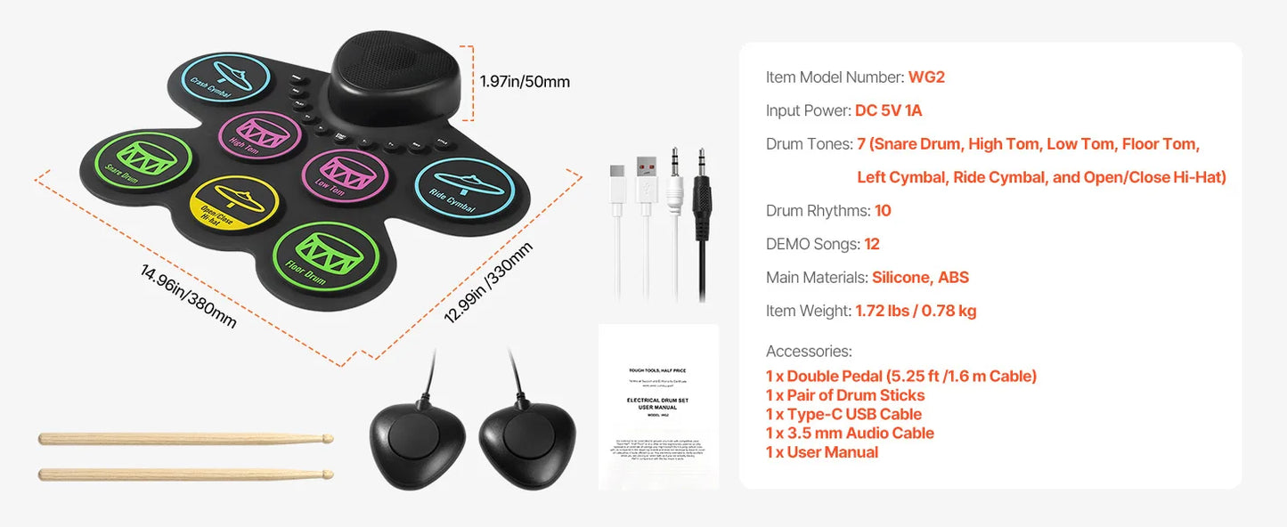 SucceBuy Electric Drum Set 7-Pad / 9-Pad Roll-up Drum Practice Pad Electronic Drumset Portable Instrument Toy for Kids Ages 3+