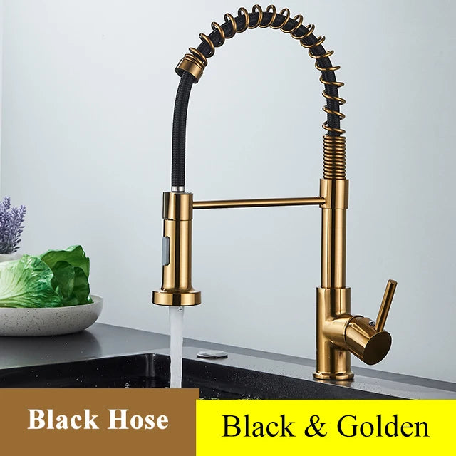 Golden Kitchen Faucet Pull Down Sprayer Nozzle Hot Cold Water Mixer Tap Single Handle Brass Para Kitchen Sink Taps Crane