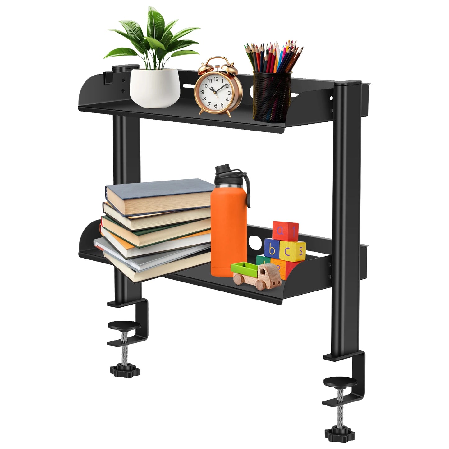 2 Tiers Clamp-on Desk Shelf No Drill Desk Organizer Rack Space Saving Adjustable Metal Computer Desktop Clamp High Load-Bearing