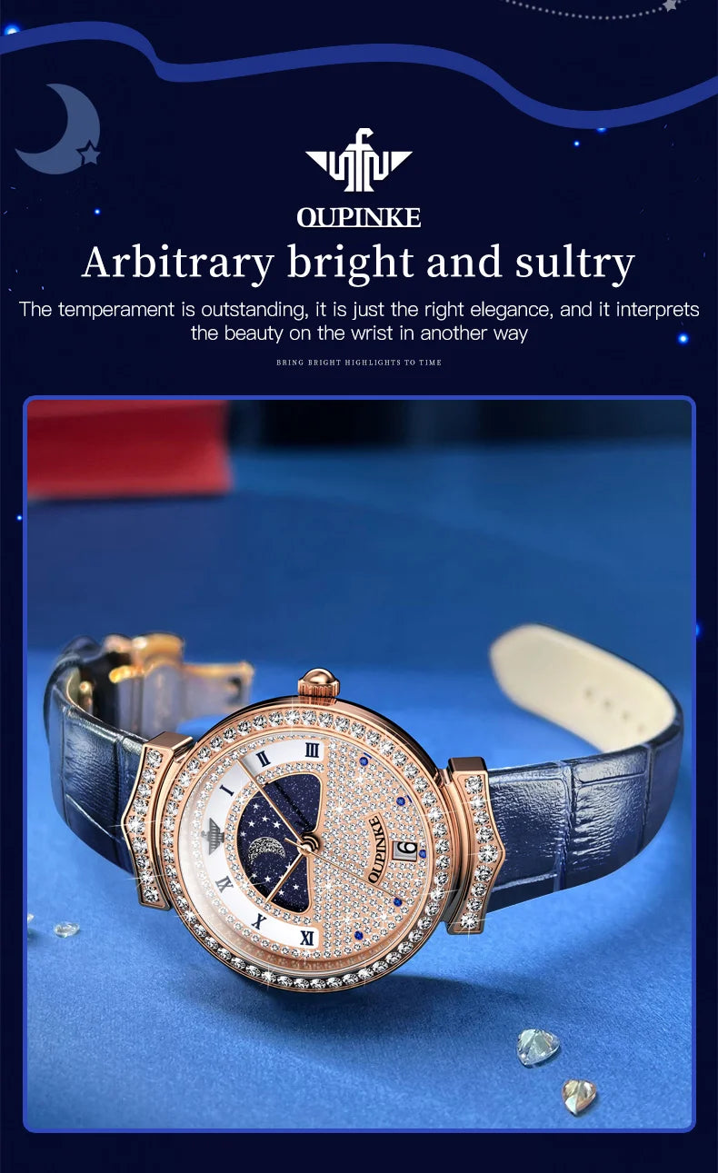 OUPINKE 3216 Woman Watch Waterproof Roman Scale Moon Phase Quartz Watch For Women Luxury Original Diamond Date Ladies Hand Clock