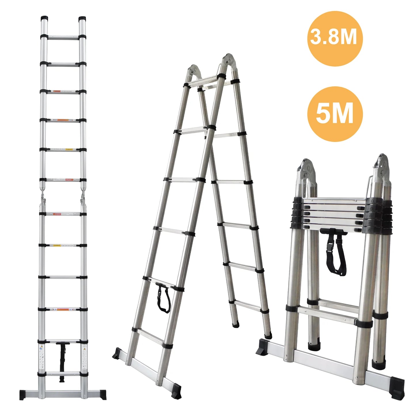3.8M/5M Portable Folding Ladder ,Household  Telescopic A-Frame & Vertical Ladder , Aluminum & Stainless Steel, No Slip,150kg