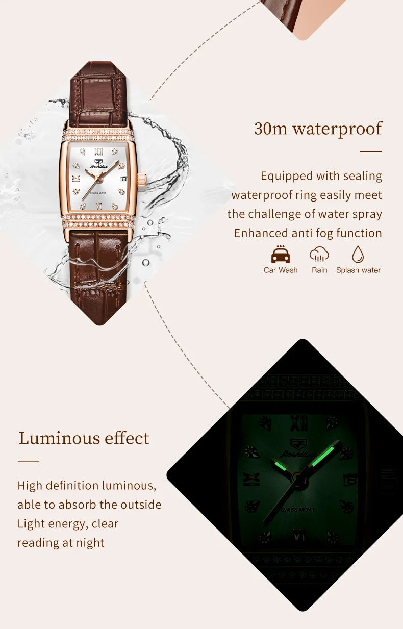 JSDUN Woman Watch Luxury Diamond Dial Comfortable Leather Watchband Fashion Square Rose Gold Quartz Wristwatches Montre Femme