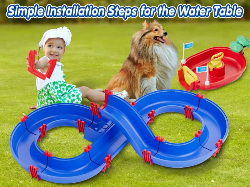 VATOS Summer Outdoor Kids Water Table 2-Tier Toddlers Water Table Playset Pool Waterway Toy with Pump Outside Activity Kids Fun