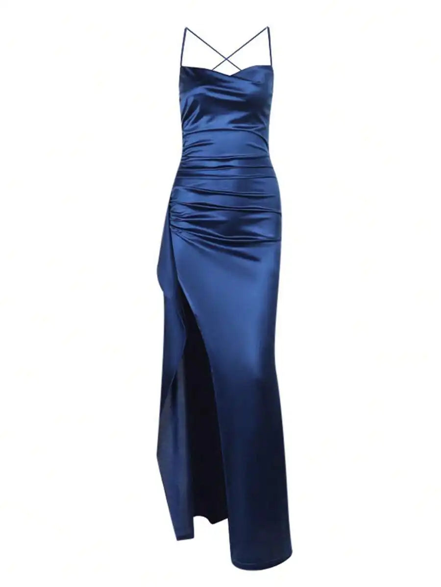 Navy Blue Satin Slip Dress with High Slit and Ruched Waist