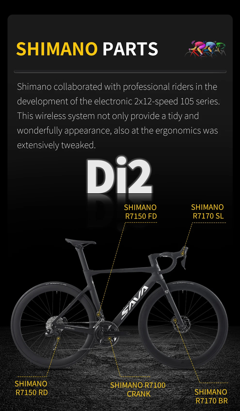 SAVA R7 Carbon Fiber Road Bike Carbon Frame, Handlebars, Fork Shimano Di2 R7170 24Speed Shift Kit, UCI CE Certified Adult Racing