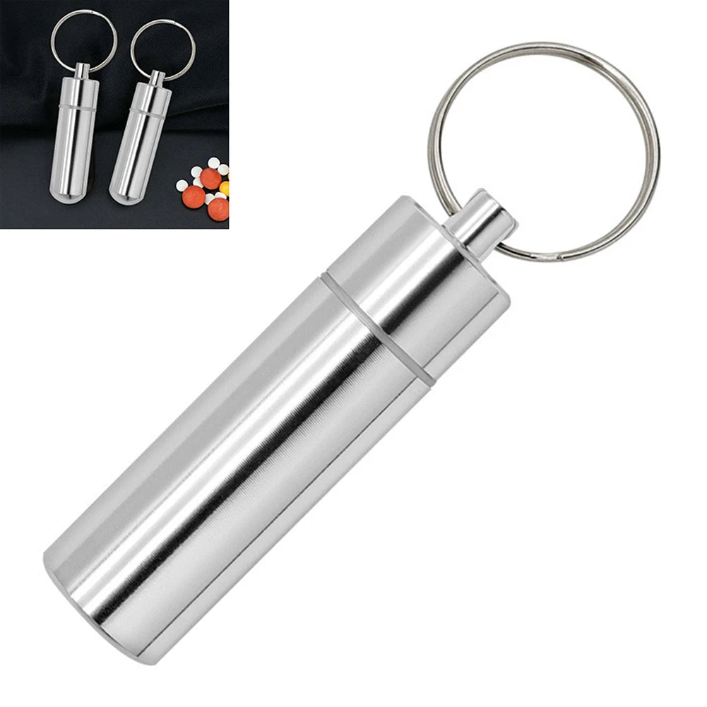 Keychain Pill Box Case Bottle Portable Waterproof Elderly First Aid Pill Case Aluminum Alloy for Outdoor Travel Camping