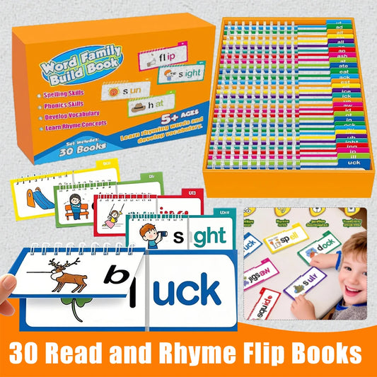 30 Read and Rhyme Flip Books Vocabulary Flash Cards Word Reading Flip Book Letter ABC Vocabulary Cards Educational Reading Game