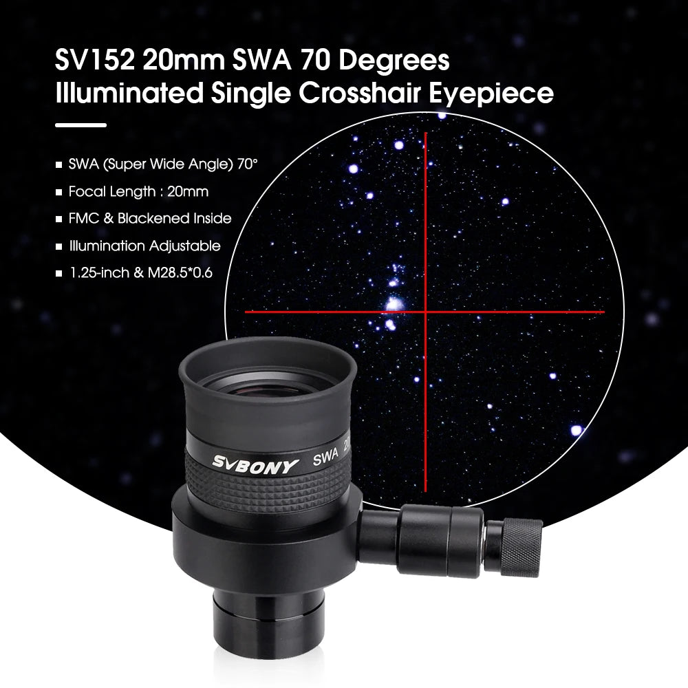 Svbony Telescope Illuminated Single Crosshair Eyepiece 20mm SWA 70° Adjustable for Perfectly Guided Astrophotography SV152