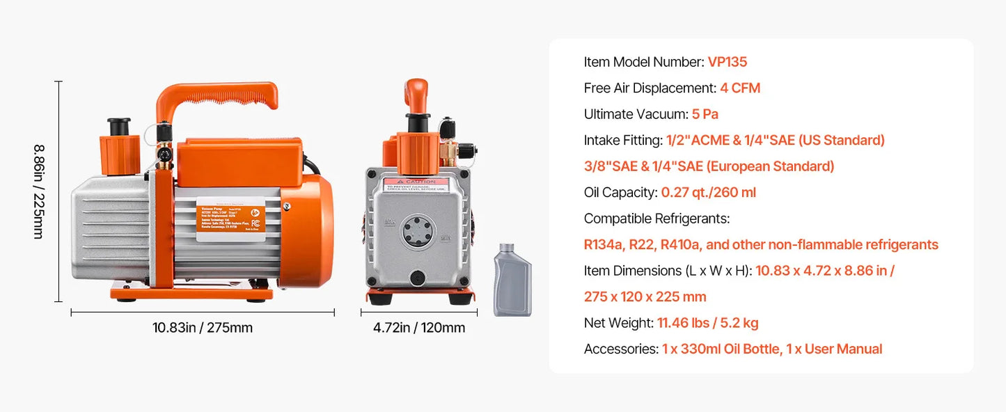 SucceBuy Vacuum Pump & Oil Bottle 3.5CFM/4CFM/5CFM 1-Stage or 6CFM 9CFM 2-Stage, R134a R22 R410a Systems Conditioner Maintenance