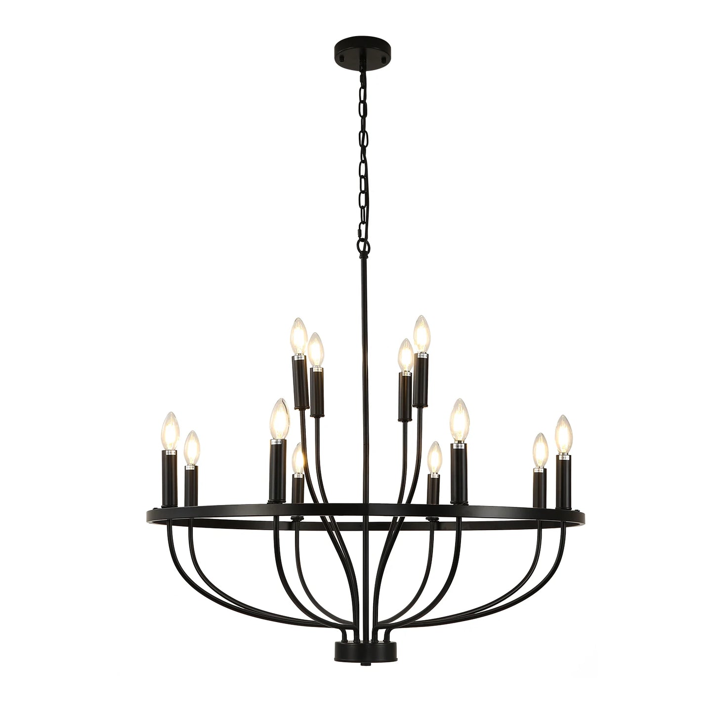 12-Light Black Chandelier Diam 33.46 Inch, Farmhouse Industrial Country Style Large Round Pendant Light Fixture for Dining Room