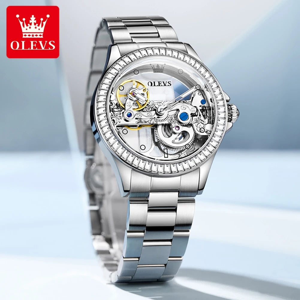 OLEVS 6699 Fully Hollowed Mechanical Watch for Women Luxury Elegant Diamond Bezel Ladies Wristwatch Top Automatic Women's Watch