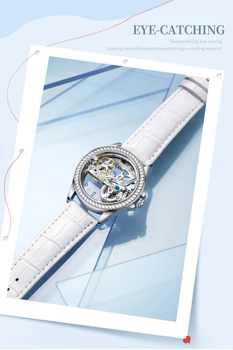 OLEVS 6699 Fully Hollowed Mechanical Watch for Women Luxury Elegant Diamond Bezel Ladies Wristwatch Top Automatic Women's Watch