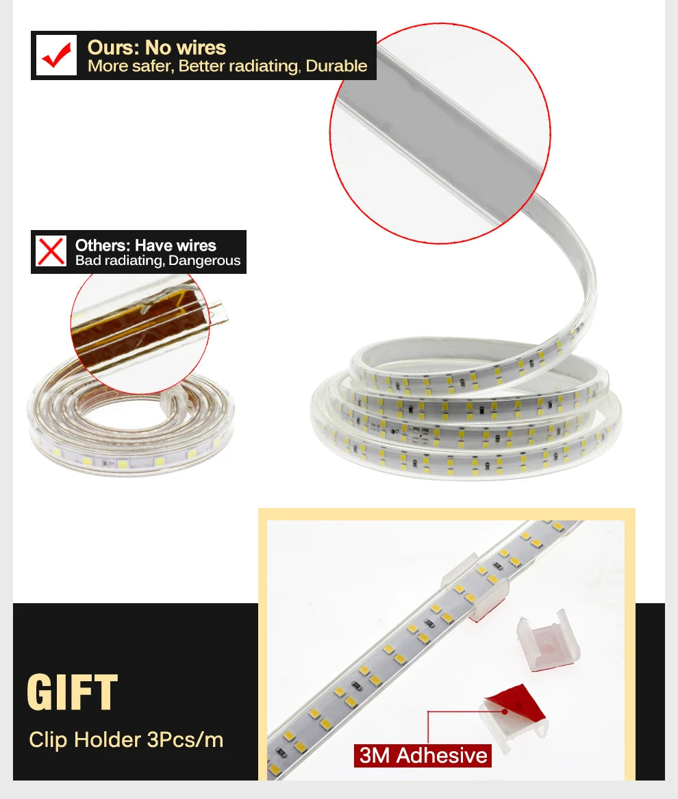220V LED Strip 2835 High Safety High Brightness 180LEDs/m3000K 4000K 6000K Flexible LED Light Outdoor Waterproof LED Strip Light