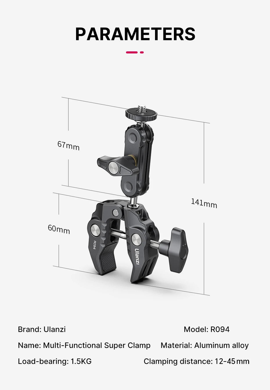 Ulanzi R094 Metal Super Clamp with Double Ball Head Magic Arm Clamp with 1/4" 3/8" Hole for DSLR Camera Monitor Light Mic Mount