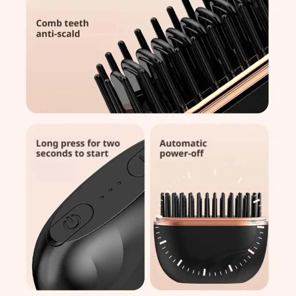 Mini Rechargeable Hair Straightener Brush: 3-Speed Temp Control, Anti-Scald Shell, Lightweight & Portable for Travel