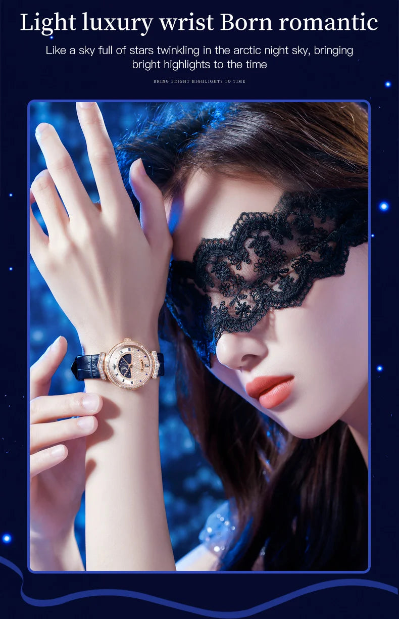 OUPINKE 3216 Woman Watch Waterproof Roman Scale Moon Phase Quartz Watch For Women Luxury Original Diamond Date Ladies Hand Clock