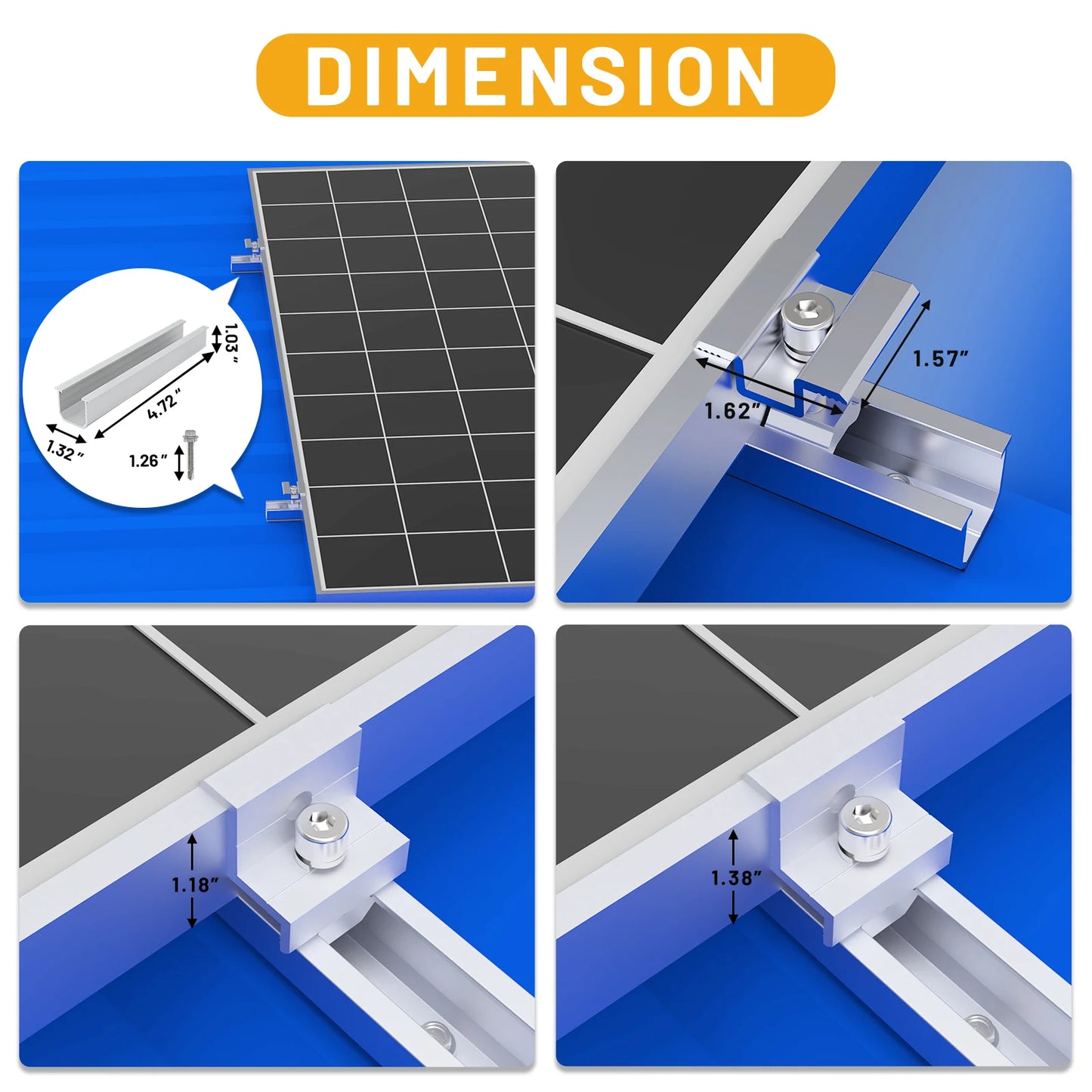 Solar Panel Mount Bracket Kit with 4.72IN/120mm Mini Rails, Middle Clamps, End Clamps and Rubber Pads for Shingle, Slate, Wood
