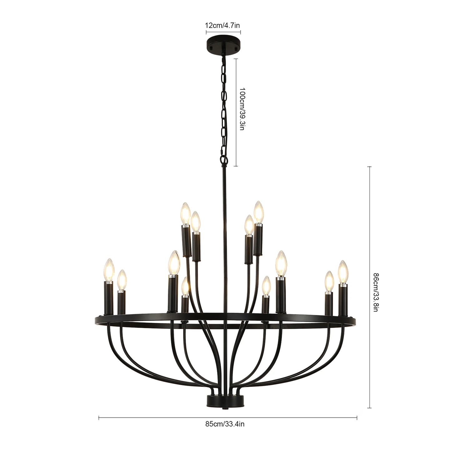 12-Light Black Chandelier Diam 33.46 Inch, Farmhouse Industrial Country Style Large Round Pendant Light Fixture for Dining Room