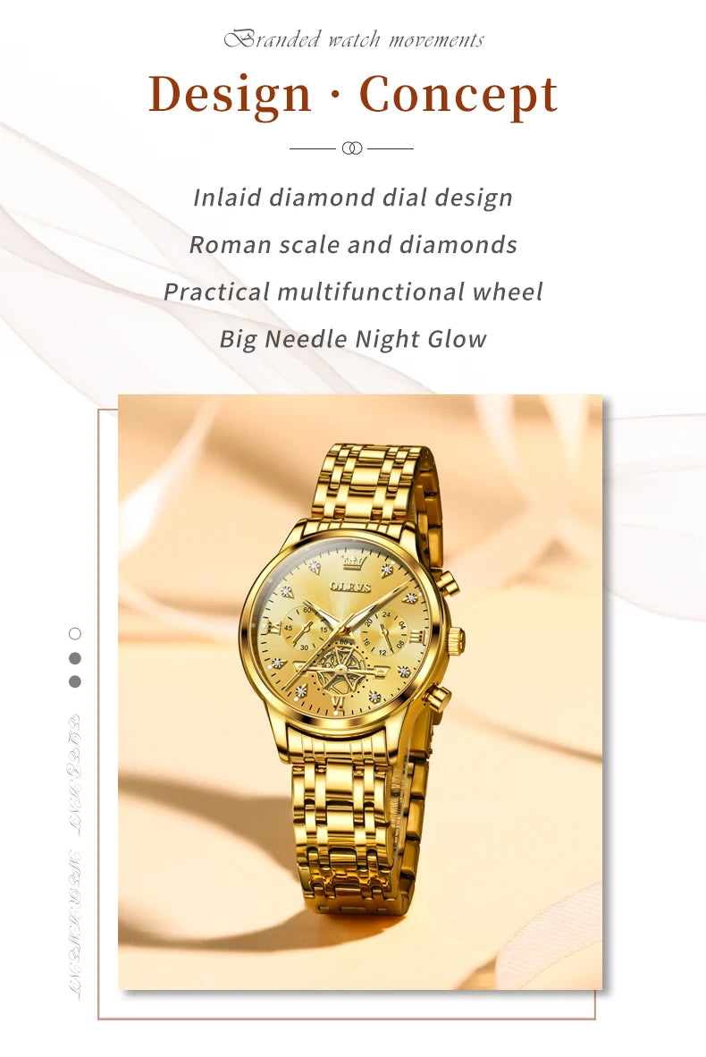 OLEVS Flywheel Skeleton Women Quartz Watch Stainless steel Chronograph Waterproof Luminous Ladies Bracelet Watch for Women Set