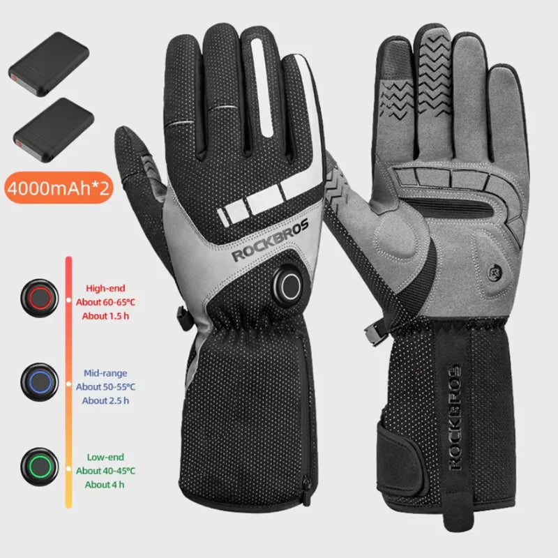 ROCKBROS Heated Skiing Gloves Men Women Winter Motocycle Screen Touch Waterproof Rechargeable 4000mAh Battery Heated Gloves