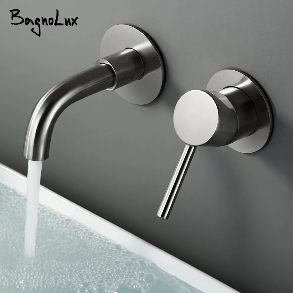 Bagnolux Ronda Stainless Steel Solid Brass Trim Taps 2 Hole Wall-Faucet Set Hot Anc Cold Water Bathroom Sink Mixer Small Tap