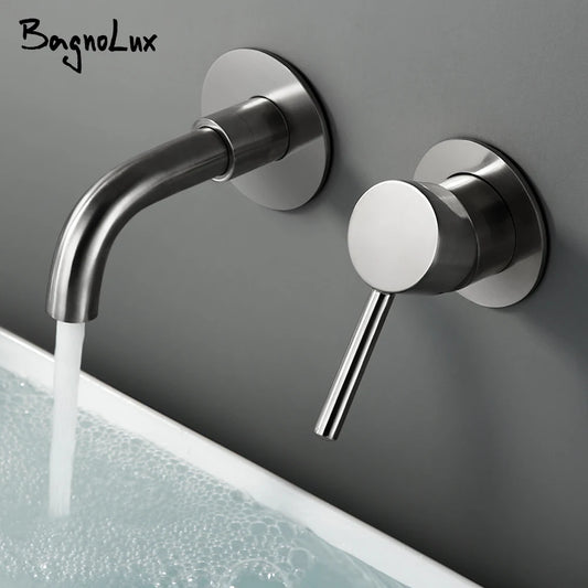 Bagnolux Ronda Stainless Steel Solid Brass Trim Taps 2 Hole Wall-Faucet Set Hot Anc Cold Water Bathroom Sink Mixer Small Tap