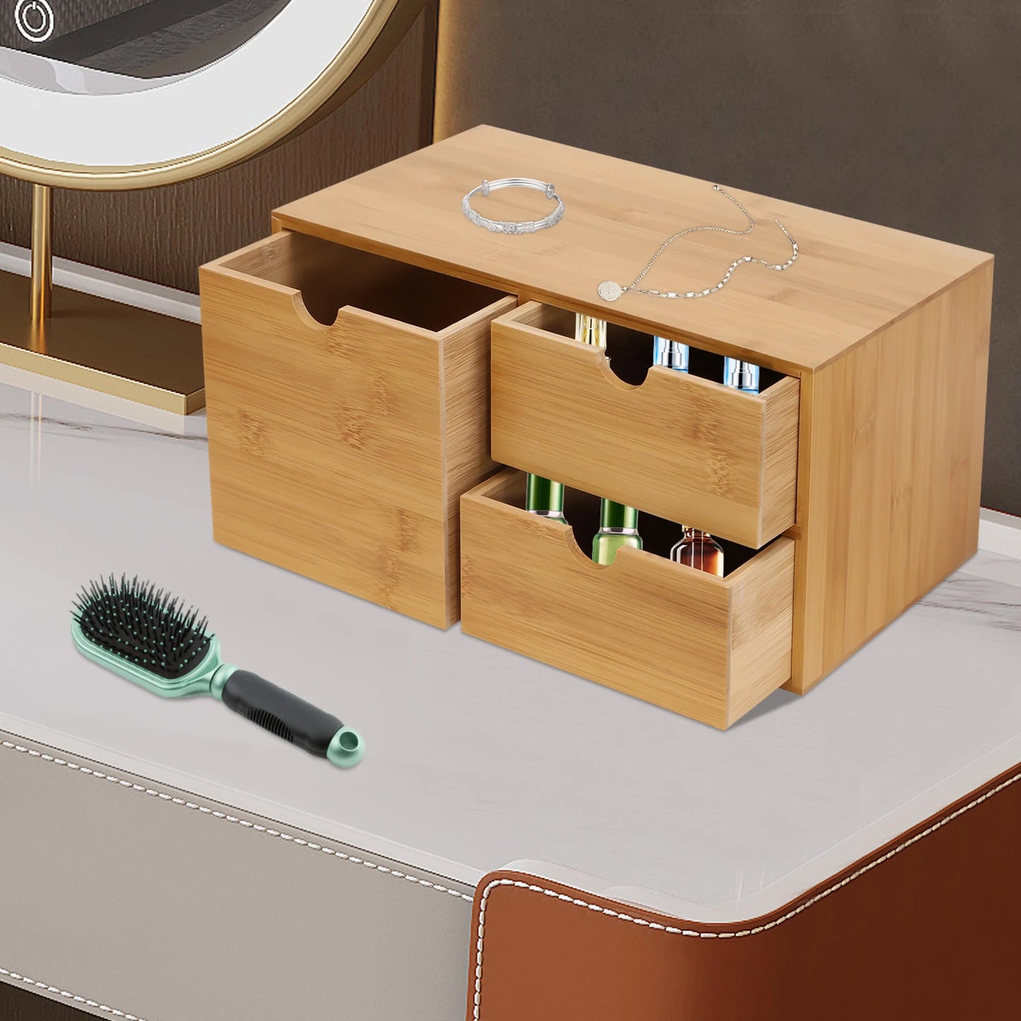 Bamboo Desk Drawer Organizer Tabletop Storage Cabinet Corner Desk Organizer W/3 Drawers for Home Office Supplies,33*19*16cm