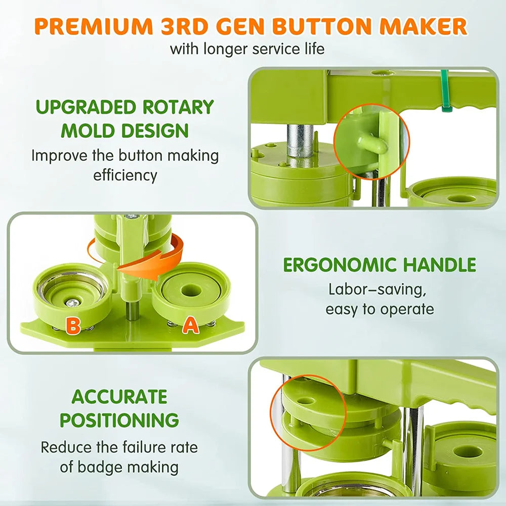 Badge Pin Button Maker Machine DIY 25/32/37/44/58MM Badges Set with 100Pcs Button Parts+Circle Cutter, Badge Press Maker Machine