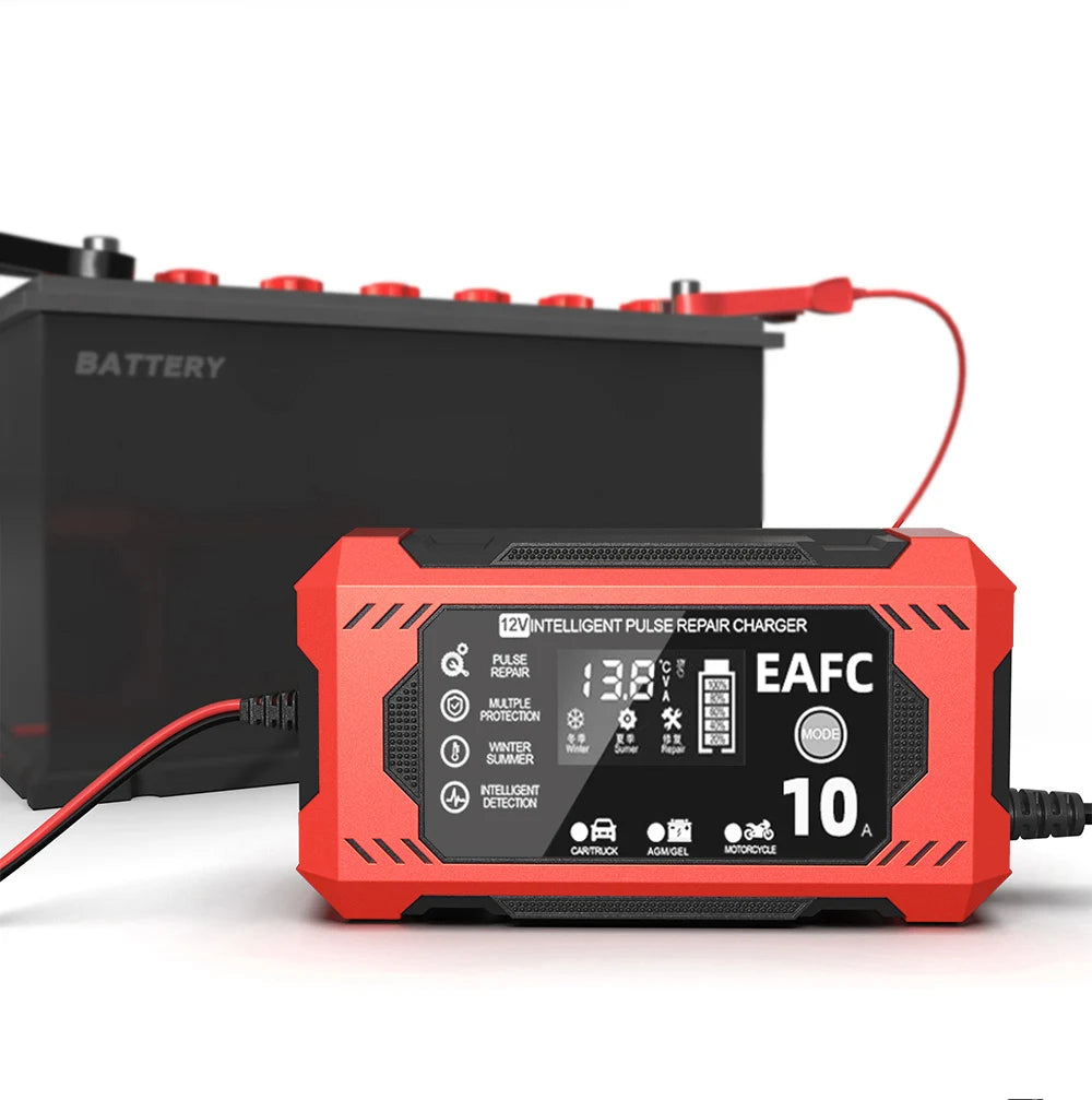 EAFC 12V 10A Car Battery Charger 6A Full Smart Charger Pulse Repair LCD Display Fast Charging Car Motorcycle AGM Gel Wet