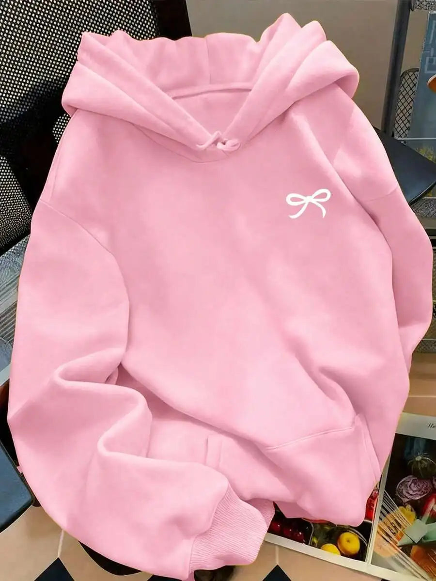 Navy Blue Oversized Hoodie with White Bow Embroidery for Women