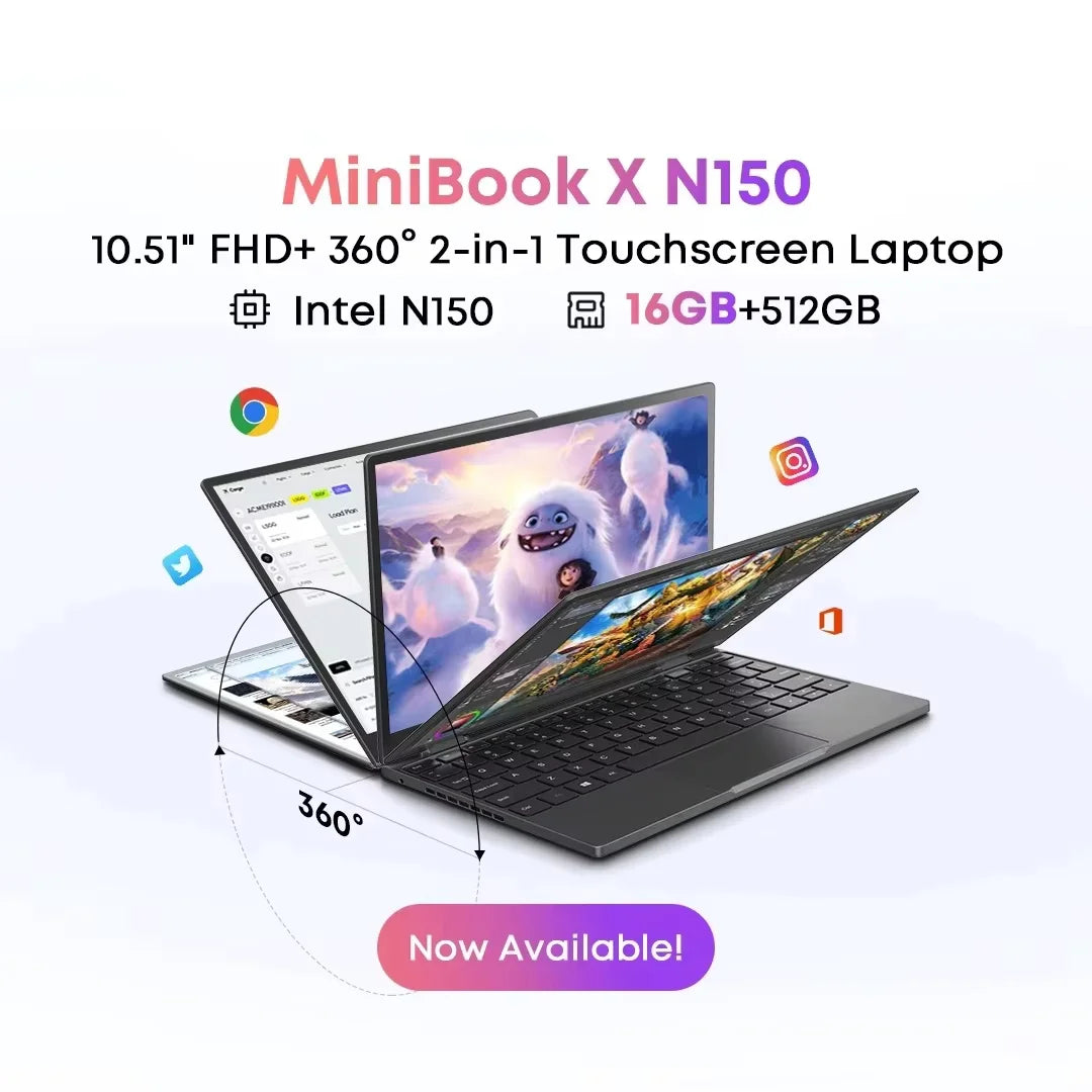 CHUWI MiniBook X 2-in-1 Laptop Intel N150(up to 3.6GHz) 512GB ROM 16GB LPDDR5 10.51" 2K FHD IPS Windows 11 Touch Screen Laptop