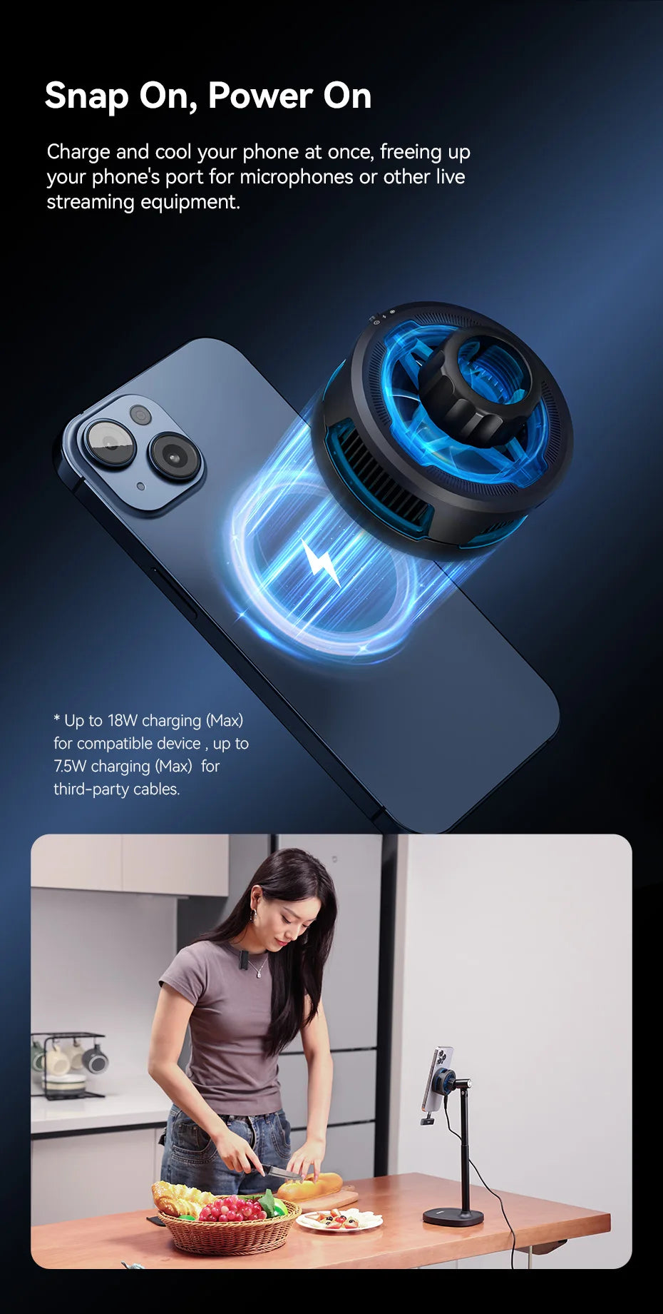 Ulanzi SK-10 3 in 1 Magnetic Cell Phone Stand with Cooling Fan and Wireless Charger for iPhone Height Adjustable Phone Desk Hold