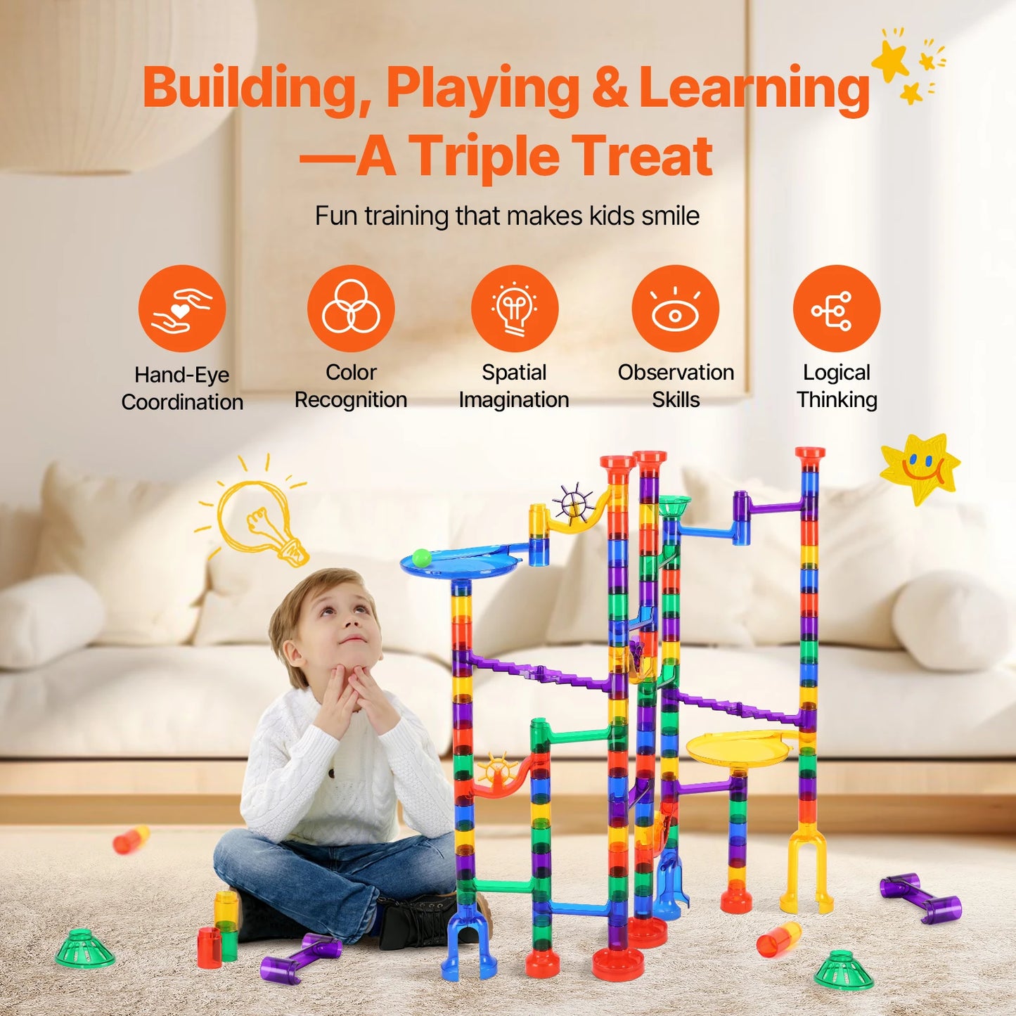 SucceBuy 150PCs Marble Run Set Marble Maze Building Block Brain Game 10 Glow in the Dark Marbles +40 Glass Marbles Track Toys