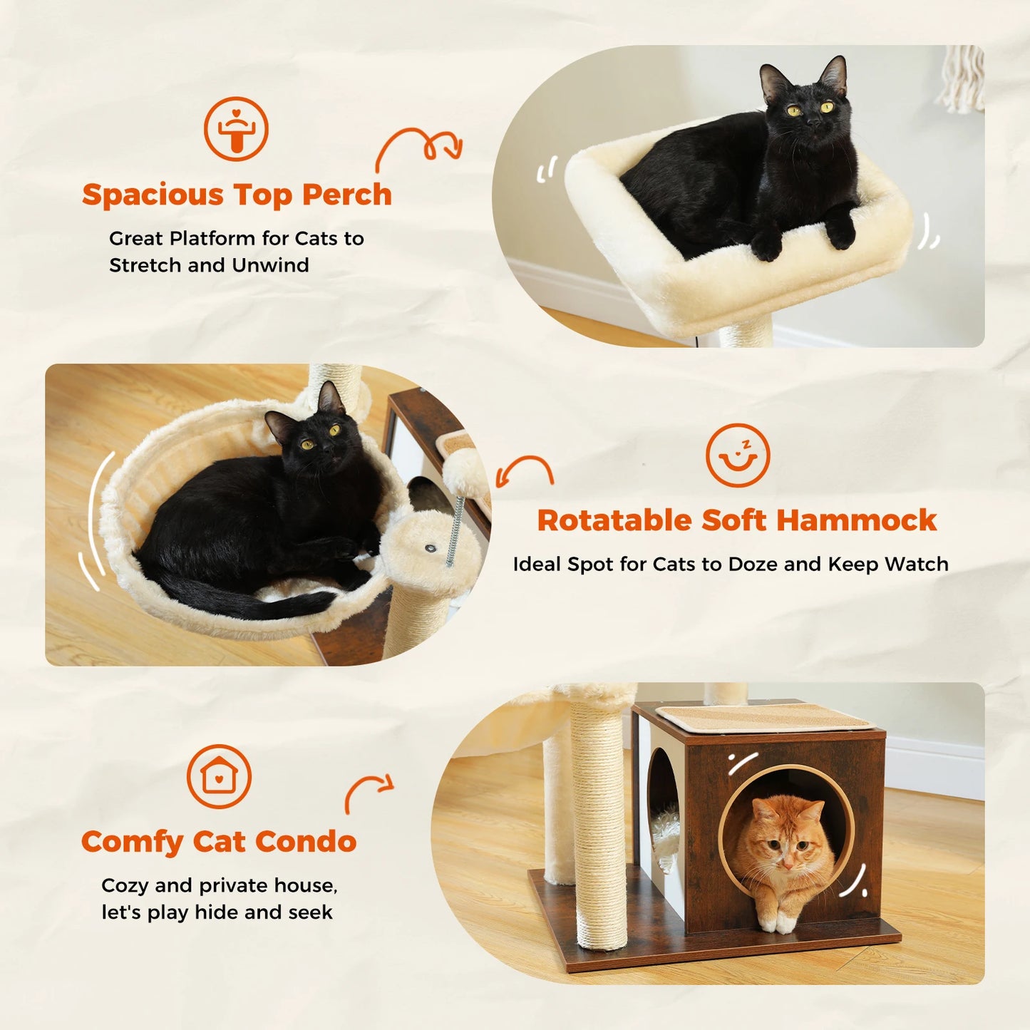 Modern Cat Tree for Indoor Cats Multi-Level Wood Cat Tower with Cozy Condo Hammock Sisal Scratching Posts Kitten House Cat Toys