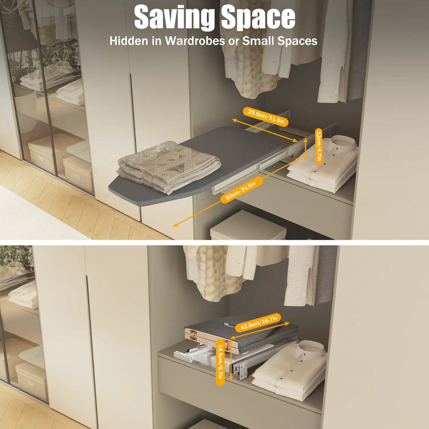80cm Modern Retractable Ironing Board Closet Pull-Push Stow Away In The Cabinet