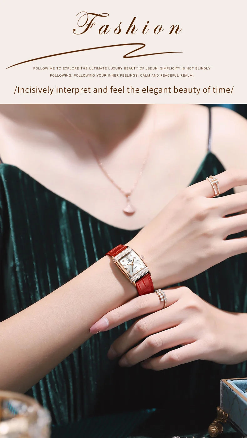 JSDUN Woman Watch Luxury Diamond Dial Comfortable Leather Watchband Fashion Square Rose Gold Quartz Wristwatches Montre Femme