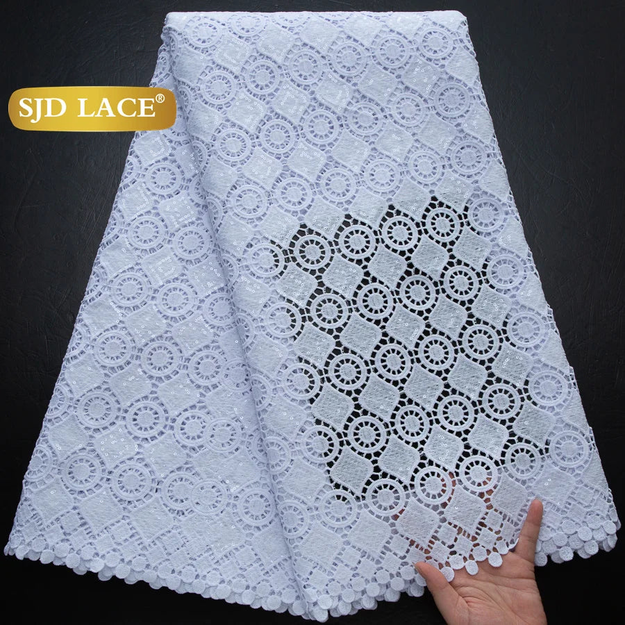 SJD LACE African Sequins Guipure Cord Lace Fabrics 5 Yards White 2026 New Nigerian Water Soluble Lace For Women Dresses Sew 4197