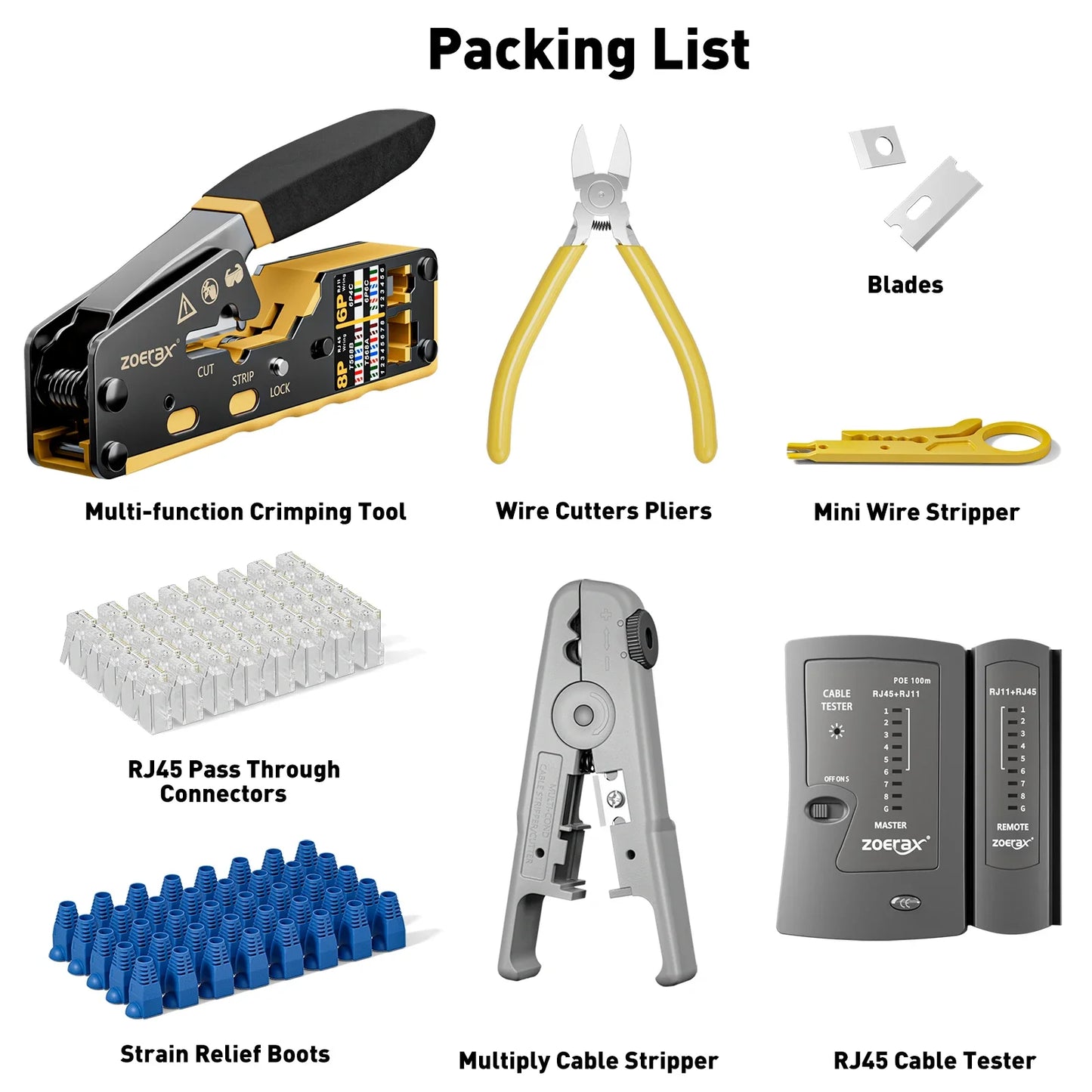 ZoeRax RJ45 CAT6 CAT5E Crimp Tool Kit,Crimp tool,Cable Tester,Wire Cutter and Stripper,Blade,50PCS Connectors and Boots