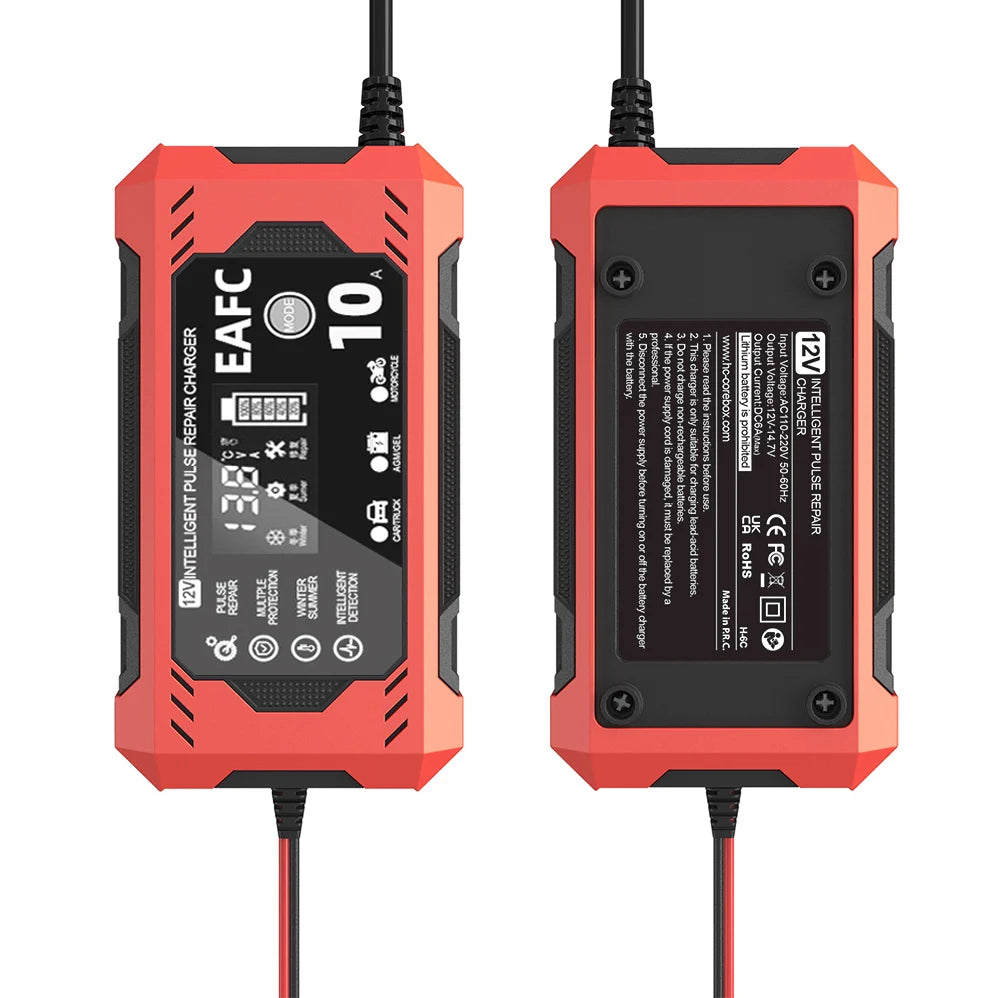 EAFC 12V 10A Car Battery Charger 6A Full Smart Charger Pulse Repair LCD Display Fast Charging Car Motorcycle AGM Gel Wet