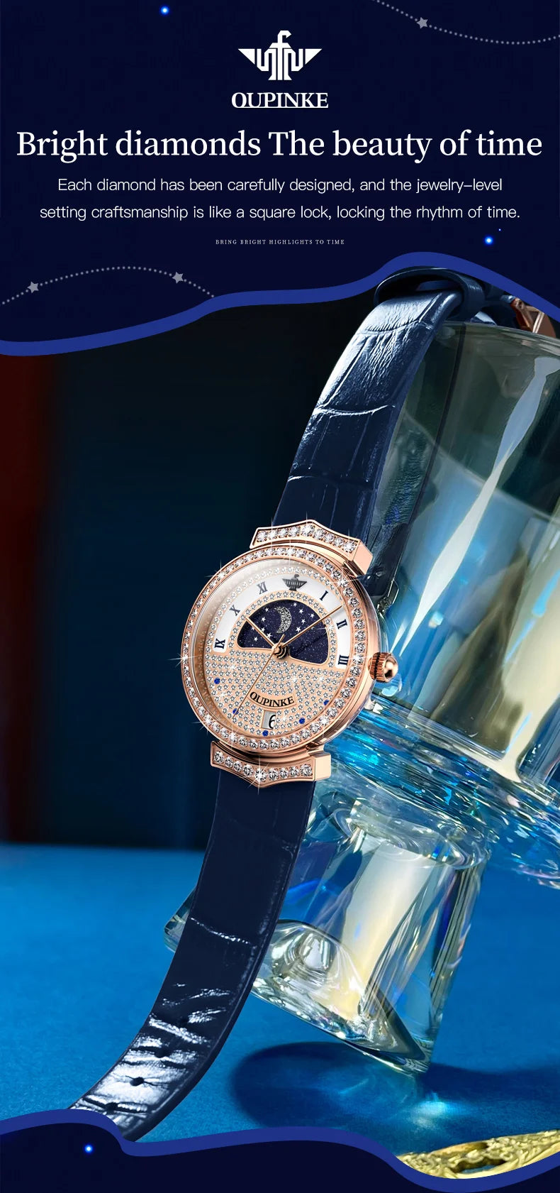 OUPINKE 3216 Woman Watch Waterproof Roman Scale Moon Phase Quartz Watch For Women Luxury Original Diamond Date Ladies Hand Clock