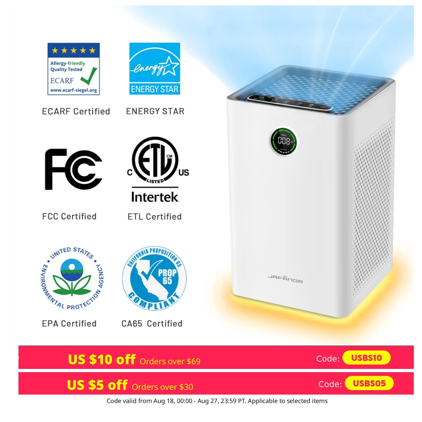 Jafända Air Purifiers for Home Large Room, Smart WiFi and Alexa Control, True HEPA Filter Air Cleaner with Activated Carbon