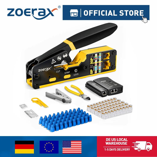 ZoeRax RJ45 CAT6 CAT5E Crimp Tool Kit,Crimp tool,Cable Tester,Wire Cutter and Stripper,Blade,50PCS Connectors and Boots