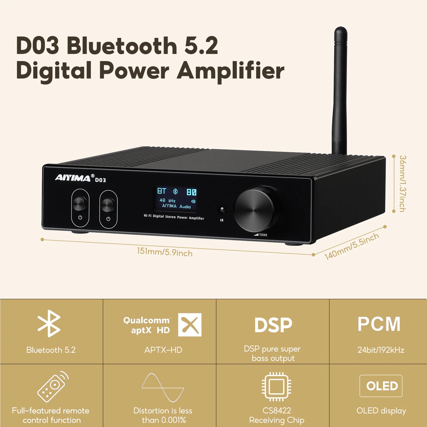 AIYIMA D03 Bluetooth Amplifier 150Wx2 Stereo HiFi Sound Amplificador Subwoofer Amplifiers USB DAC OLED APTX DIY 2.1 Home Audio