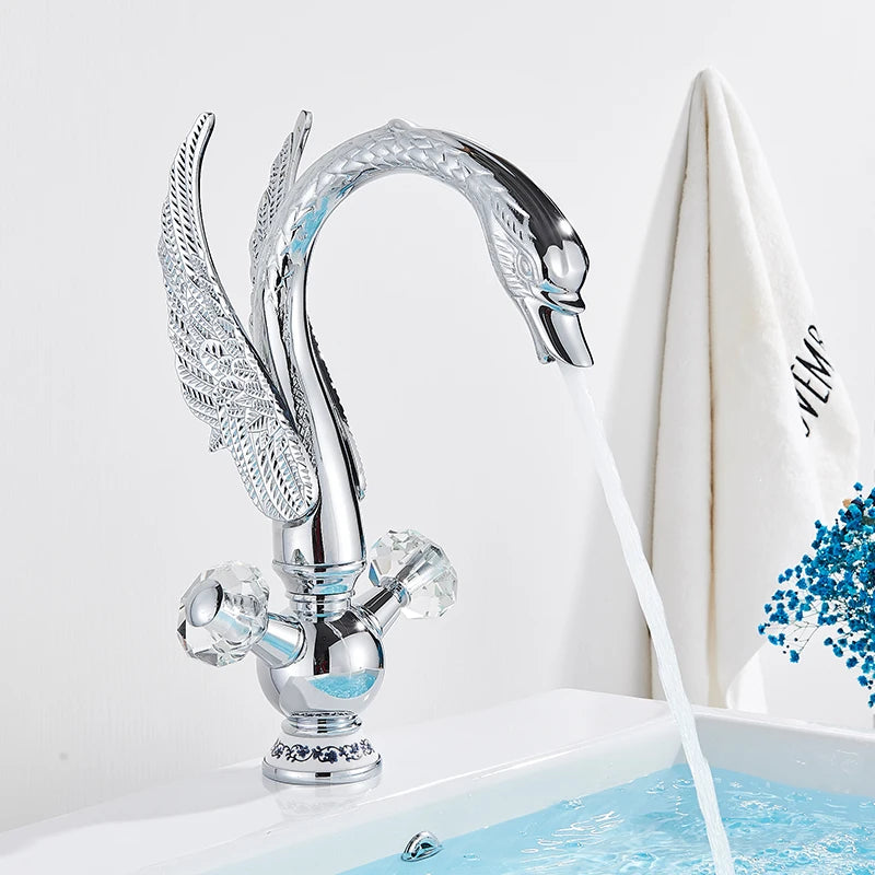 Brass Gold Black Swan Basin Faucet Deck Mounted Bathroom Faucet Hot and Cold Water Mixer Tap Bath Water Faucet Basin Faucet Taps