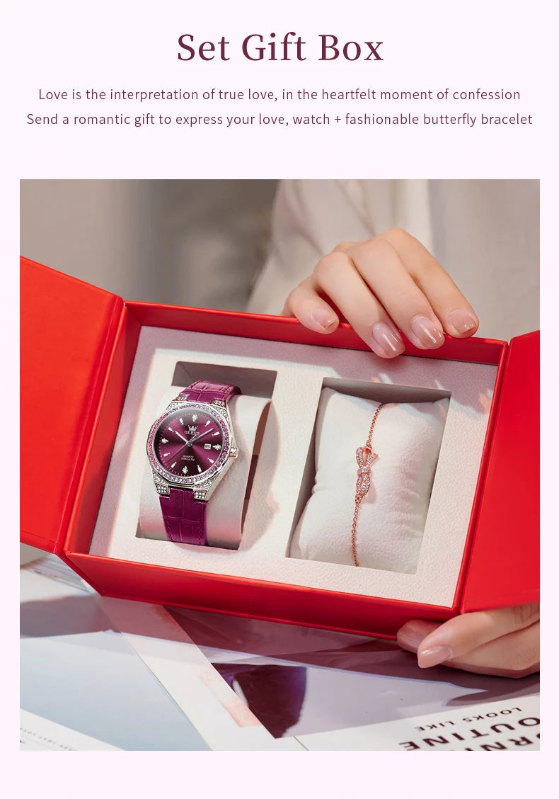 OLEVS Original Women's Watches Diamond Lap Fashion Leather Strap 3m Waterproof Luminous Ladies Wristwatch Quartz Watch for Women