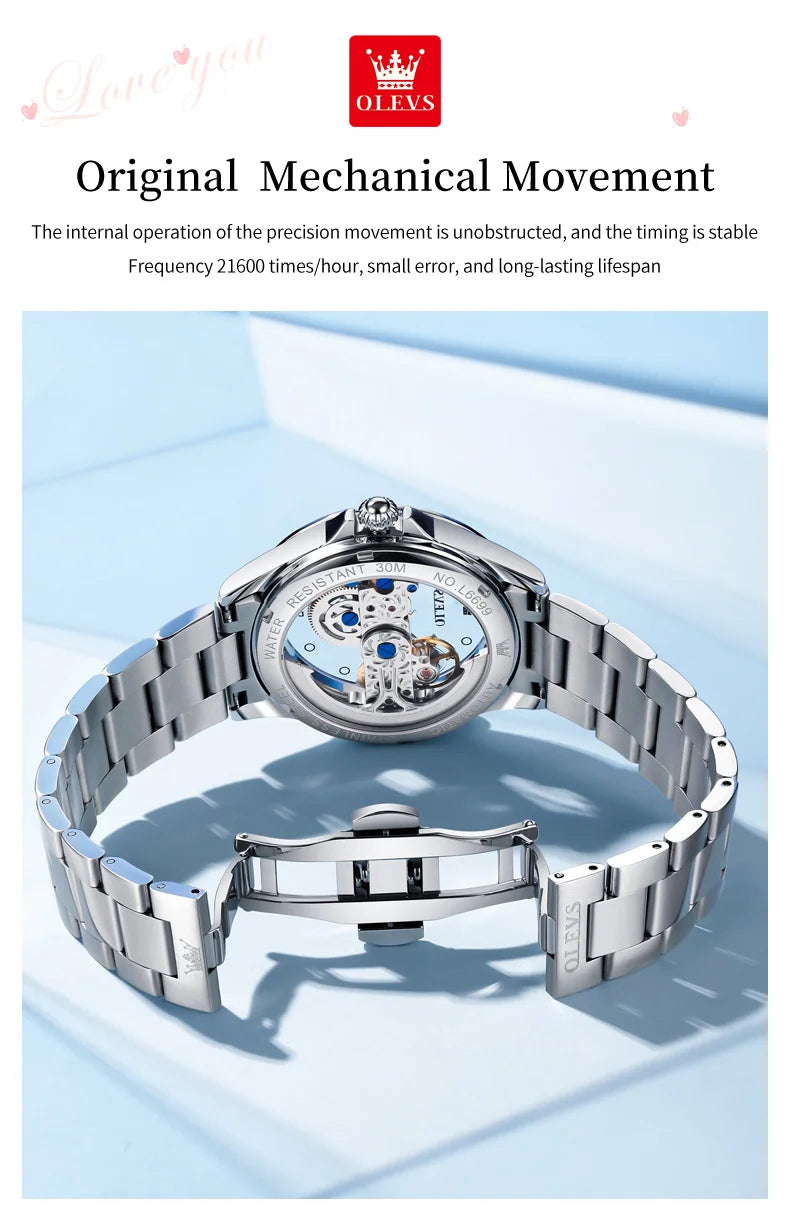 OLEVS 6699 Fully Hollowed Mechanical Watch for Women Luxury Elegant Diamond Bezel Ladies Wristwatch Top Automatic Women's Watch