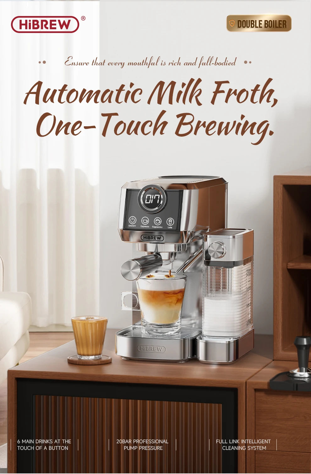 HiBREW  3 in 1 Semi Automatic Espresso Cappuccino Latte Coffee Machine Automatic Milk Froth Ground Coffee Stainless Steels H13A