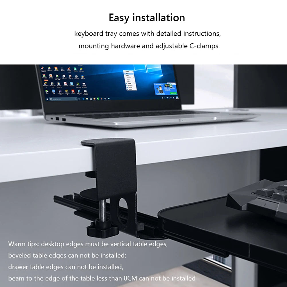 Ergonomic Clamp-On Keyboard Tray Sliding under Desk Platform Retractable Computer Desk Organizer Office Keyboard Drawer